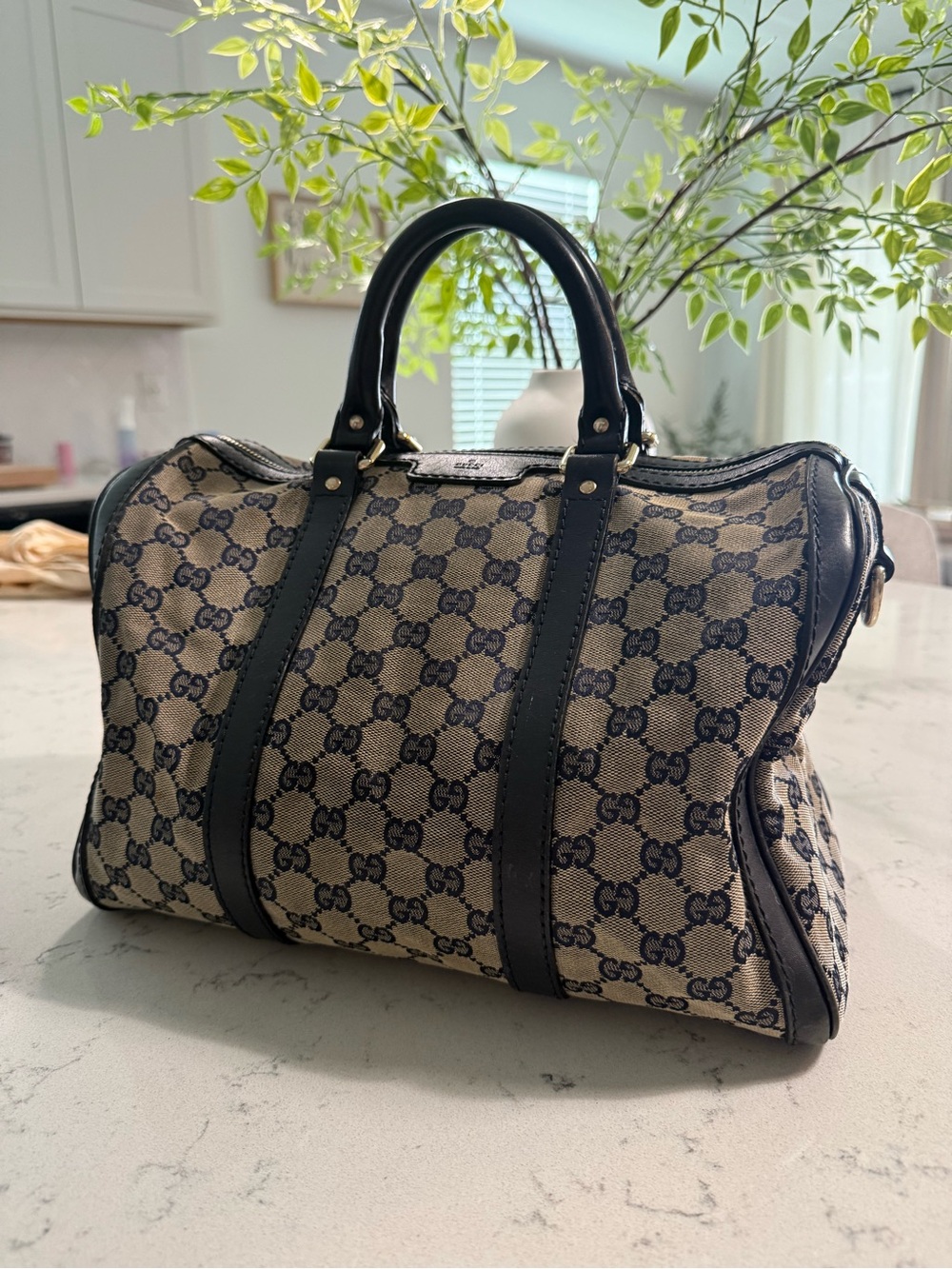 Gucci Beige and Navy Monogram Satchel